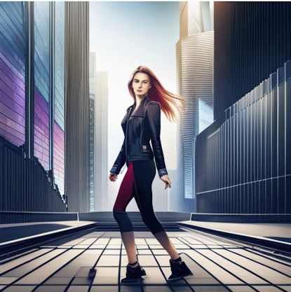 注目のキーワードより　サイバーパンク風の高層ビル街を歩く美しい女性