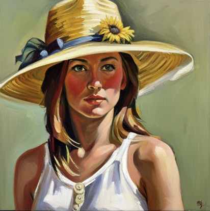 スタイル：油絵　ひまわり　麦わら帽子　少女