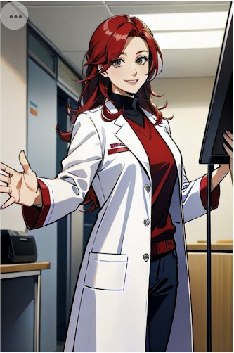 大人の女性　正面　立ち姿　髪色赤　白衣　表情誇り　病院 AI画像イラスト