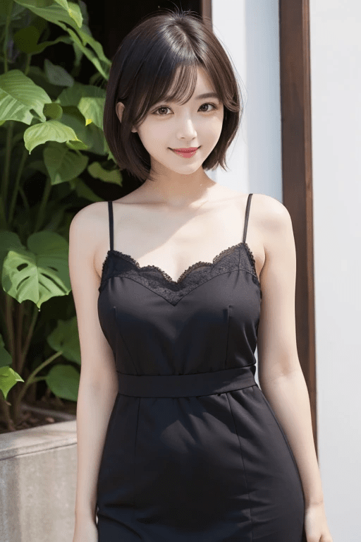 30代　日本人　清楚な女性　上半身　正面　優しい笑顔　ショートヘア　黒髪　標準体型　キャミワンピース3