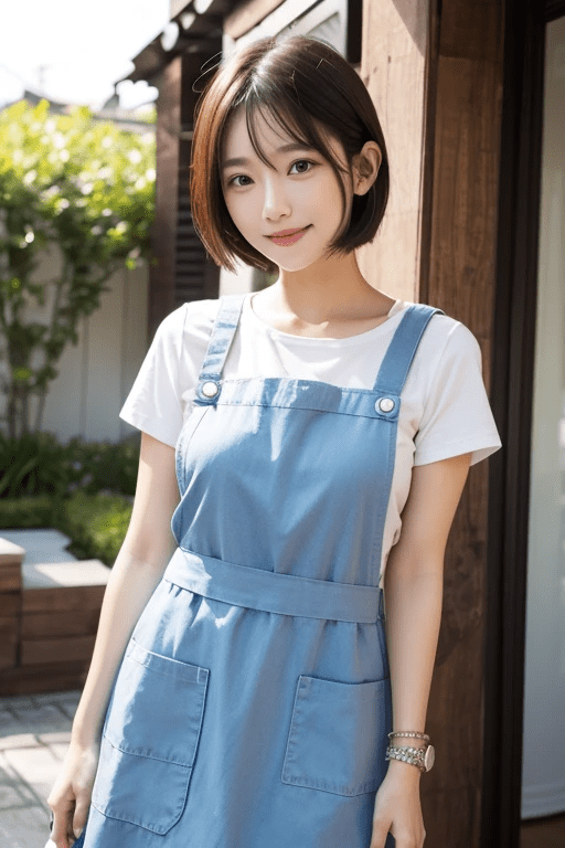 Japanese-woman-in-her-30s-upper-body-front-view-smiling-short-hair-black-hair-average-build-wearing-an-apron3
