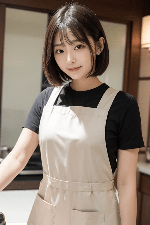 Japanese-woman-in-her-30s-upper-body-front-view-smiling-short-hair-black-hair-average-build-wearing-an-apron