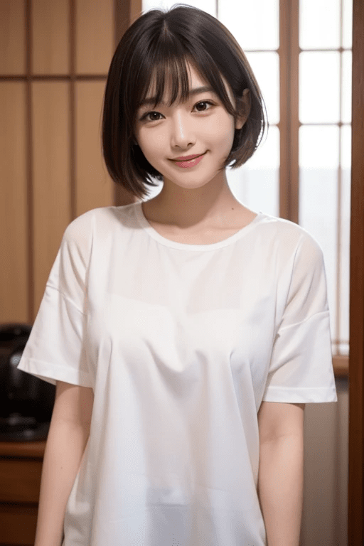 30代　日本人　清楚な女性　上半身　正面　可愛い笑顔　ショートヘア　黒髪　ぽっちゃり体型　白いシャツ2