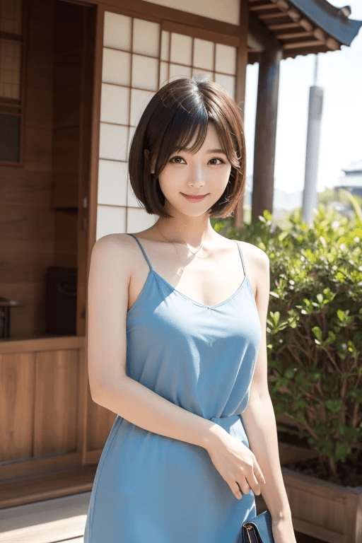 30代　日本人　清楚な女性　上半身　正面　優しい笑顔　ショートヘア　黒髪　標準体型　キャミワンピース