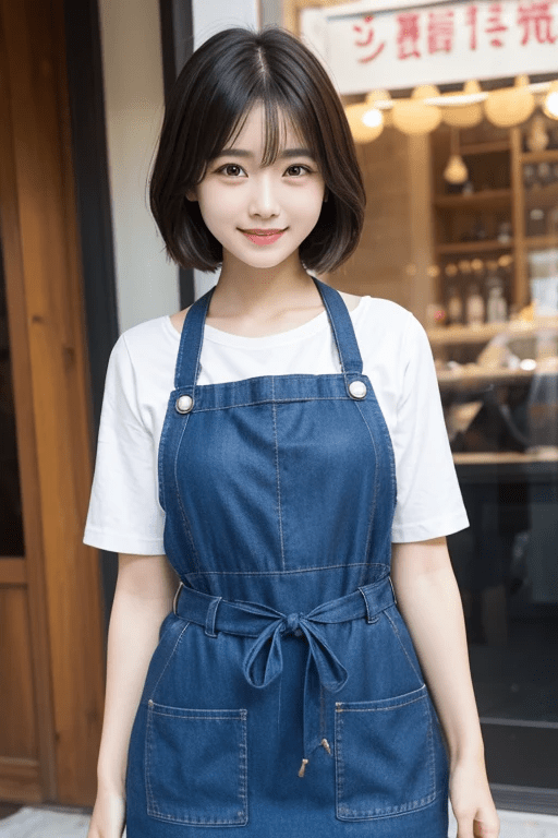 Japanese-woman-in-her-30s-upper-body-front-view-smiling-short-hair-black-hair-average-build-wearing-an-apron2