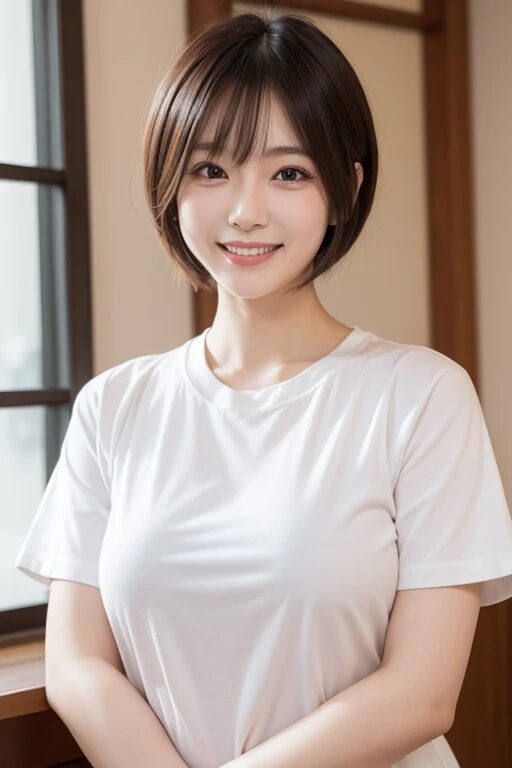 30代　日本人　清楚な女性　上半身　正面　可愛い笑顔　ショートヘア　黒髪　ぽっちゃり体型　白いシャツ3