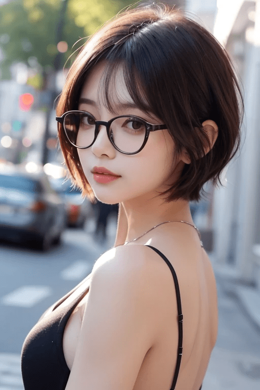 30代　女性　上半身　ショートヘア　黒髪　メガネ　やせ型3