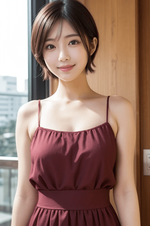 Japanese-woman-in-her-30s-neat-and-tidy-upper-body-front-view-gentle-smile-short-hair-black-hair-average-build-cami-dress2